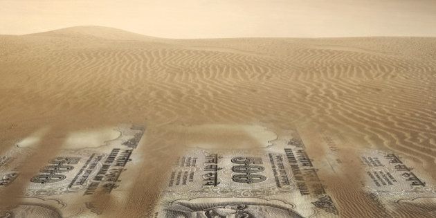 Illustration of Indian rupee notes in desert representing recession