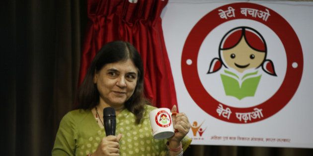 NEW DELHI, INDIA - SEPTEMBER 17: Union Minister for Women and Child Development, Maneka Sanjay Gandhi launching a logo for Beti Bachao Beti Padhao campaign at PIB on September 17, 2014 in New Delhi, India. With many incidents of child abusegoing unreported, a drive will be launched to sensitise children to express if they encounter any inappropriate touch, request or demands, even in writing if they are not comfortable orally. (Photo by Raj K Raj/Hindustan Times via Getty Images)