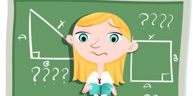 cartoon schoolgirl confused about math problem standing in front of classroom.