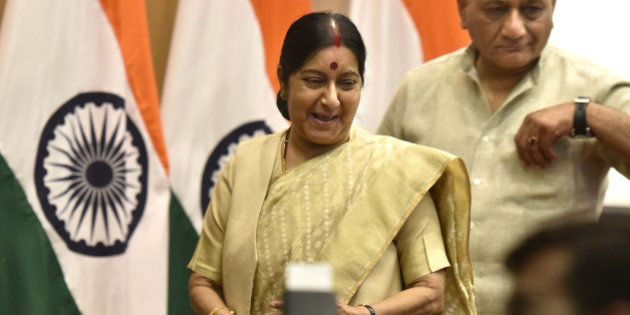 NEW DELHI, INDIA - JUNE 19: External Affairs Minister Sushma Swaraj with Minister of State V.K. Singh during an annual press conference at Ministry of External Affairs, Jawaharlal Nehru Bhawan, on June 19, 2016 in New Delhi, India. Swaraj said, 'China is not protesting membership of India in NSG, it is only talking of criteria procedure.' She also said India would not oppose any other application for entry into the NSG but underlined the final decision should be decided on merits. (Photo by Arvind Yadav/Hindustan Times via Getty Images)