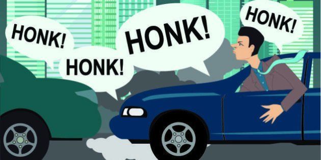 Upset motorist stuck in a traffic, city scene, vector cartoon