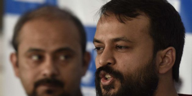 NEW DELHI, INDIA - MAY 14: AAP leaders Dilip Pandey and Ashish Khetan addressing a press conference against Narendra Modi's government and his graduation degree at AAP office, on May 14, 2016 in New Delhi, India. The Party leader Ashutosh said that the degree certificates and mark sheets had many discrepancies. AAP refused to back down on the issue of Prime Minister Narendra Modiâs educational qualifications and questioned the authenticity of the documents displayed. (Photo by Virendra Singh Gosain/Hindustan Times via Getty Images)
