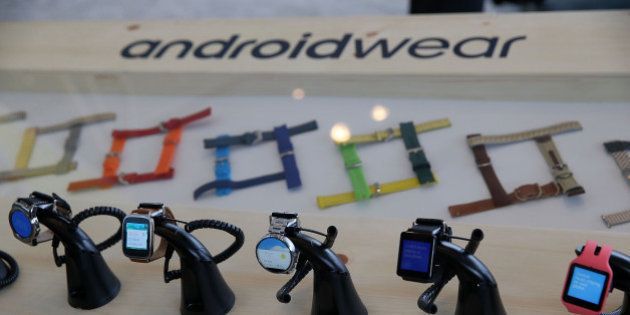 SAN FRANCISCO, CA - MAY 28: Google Android Wear smart watches are displayed during the 2015 Google I/O conference on May 28, 2015 in San Francisco, California. The annual Google I/O conference runs through May 29. (Photo by Justin Sullivan/Getty Images)