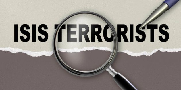 word ISIS TERRORISTS and magnifying glass with pencil made in 2d software
