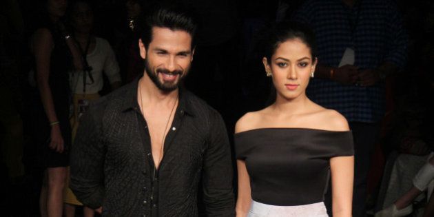 MUMBAI, INDIA - AUGUST 29: Bollywood actor Shahid Kapoor with his wife Mira Rajput during the Lakme Fashion Week Winter/Festive 2015 on August 29, 2015 in Mumbai, India. (Photo by Pramod Thakur/Hindustan Times via Getty Images)