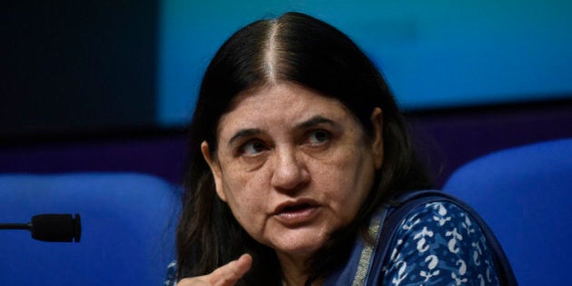 NEW DELHI, INDIA - MAY 30: Union Women and Child Development Minister Maneka Gandhi releases the Draft Trafficking of Persons (Prevention, Protection and Rehabilitation) Bill 2016 on May 30, 2016 in New Delhi, India. The new bill aims to check human trafficking by unifying several existing laws, meting out tougher punishment for repeat offenders and ensuring the protection and rehabilitation of victims. (Photo by Vipin Kumar/Hindustan Times via Getty Images)