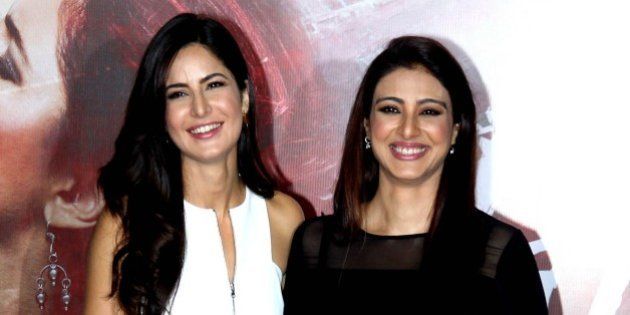 Indian Bollywood actresses Katrina Kaif (L) and Tabu attend the trailer launch of their upcoming Hindi film 'Fitoor' in Mumbai on January 4, 2016. AFP PHOTO / AFP / STR (Photo credit should read STR/AFP/Getty Images)