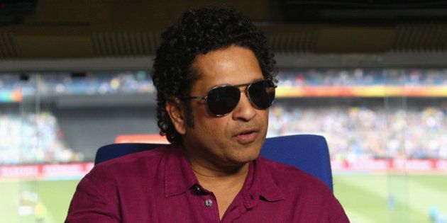 MELBOURNE, AUSTRALIA - FEBRUARY 22: Sachin Tendulkar speaks to the media during the 2015 ICC Cricket World Cup match between South Africa and India at Melbourne Cricket Ground on February 22, 2015 in Melbourne, Australia. (Photo by Quinn Rooney/Getty Images)