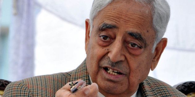 JAMMU, INDIA - DECEMBER 2: Jammu & Kashmir Chief Minister Mufti Mohammad Sayeed addresses a press conference, on December 2, 2015 in Jammu, India. Sayeed announced the decision of the State Cabinet to implement the National Food Security Act (NFSA) in the state, which is expected to benefit 1.19 crore people of J&K. (Photo by Nitin Kanotra/Hindustan Times via Getty Images)