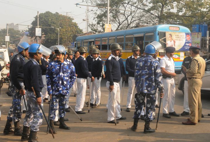 Police deployed in Kolkata during the two-day nationwide strike called by central trade unions.