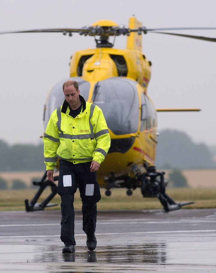 The Duke of Cambridge is seen at Cambridge Airport as he begins his new job with the East Anglian Air Ambulance in 2015. William - a former search and rescue helicopter pilot in the Royal Air Force - will work as a co-pilot transporting patients to the hospital in emergency situations.