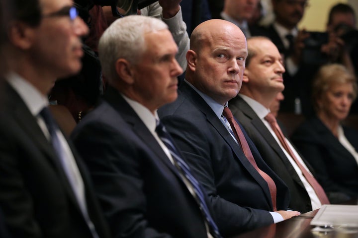 Treasury Secretary Steven Mnuchin, Vice President Mike Pence, acting U.S. Attorney General Matthew Whitaker, Labor Secretary Alex Acosta and other members of President Donald Trump's cabinet meet at the White House January 02, 2019, in Washington, D.C.