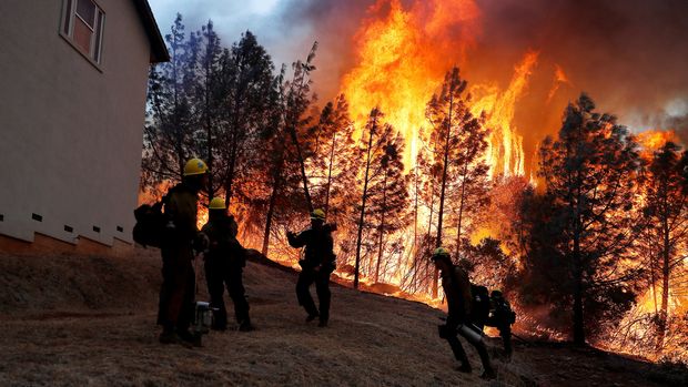 A group of U.S. Forest Service firefighters monitor a back fire while battling to save homes at the Camp Fire in Paradise, California, U.S. November 8, 2018. REUTERS/Stephen Lam     TPX IMAGES OF THE DAY