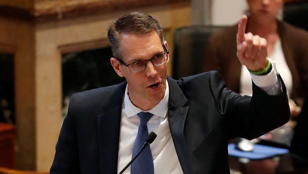 Sen. Randy Feenstra, R-Hull, speaks during debate on the tax bill in the Iowa Senate, Saturday, May 5, 2018, at the Statehouse in Des Moines, Iowa. (AP Photo/Charlie Neibergall)