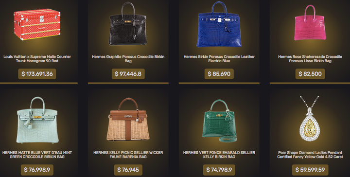 Top prizes listed on MysteryBrand.net include a $173,691.36 Louis Vuitton trunk.