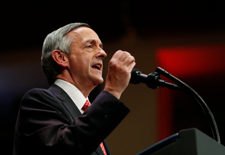 Pastor Robert Jeffress of the First Baptist Church in Dallas introduces President Donald Trump during a rally in Washington on July 1, 2017.