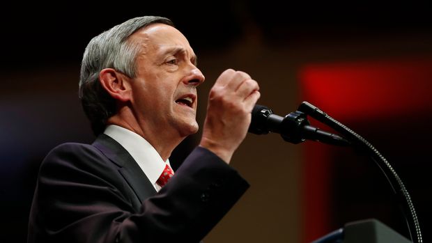 FILE - In this July 1, 2017, file photo, pastor Robert Jeffress, of the First Baptist Church in Dallas, speaks as he introduces President Donald Trump during the Celebrate Freedom event at the Kennedy Center for the Performing Arts in Washington. In a tweet Sunday, May 13, 2018, Senate candidate Mitt Romney of Utah says the prominent Baptist minister, Jeffress, shouldn't be giving the prayer that opens the U.S. Embassy in Jerusalem because he's a "religious bigot." (AP Photo/Carolyn Kaster, File)