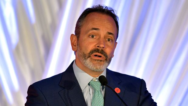 Kentucky Gov. Matt Bevin speaks to the audience during the republican party's Lincoln Dinner, Saturday, Aug. 25, 2018, in Lexington, Ky. Bevin announced during the dinner that he will seek re-election for Governor in 2019. (AP Photo/Timothy D. Easley)