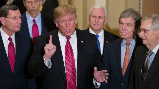 Sen. John Barrasso, R-Wyo., left, and Sen. John Thune, R-S.D., stand with President Donald Trump, Vice President Mike Pence, Sen. Roy Blunt, R-Mo., and Senate Majority Leader Mitch McConnell of Ky., as Trump speaks while departing after a Senate Republican Policy luncheon, on Capitol Hill in Washington, Wednesday, Jan. 9, 2019. (AP Photo/Alex Brandon)