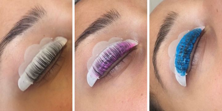 These photos show the lash lift process. From left, the lashes are spread out over the silicone mold, the perm solution is applied and then a neutralizer ends the process.