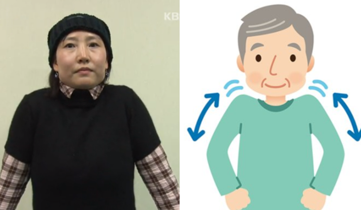 왼쪽은 KBS의 방송에 나온 화면, 오른쪽은 허프포스트의 'TENKI.JP' 블로그에 올라온 어깨 운동 장면.