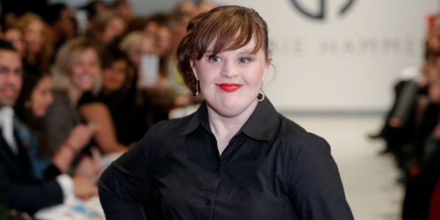 NEW YORK, NY - FEBRUARY 12: Actress Jamie Brewer walks the runway during the Role Models Not Runway Models - Carrie Hammer Runway - Mercedes-Benz Fashion Week Fall 2015 at Lightbox on February 12, 2015 in New York City. (Photo by Brian Ach/Getty Images)