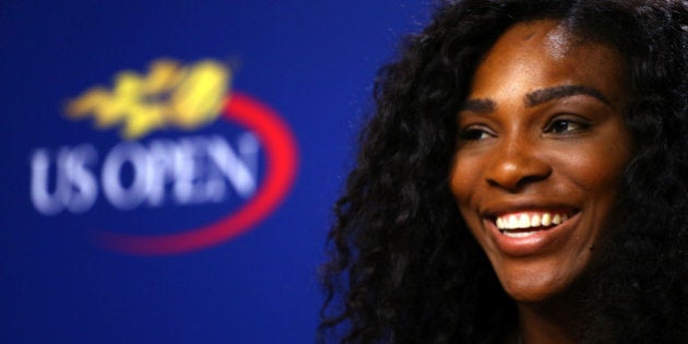 NEW YORK, NY - AUGUST 27: Serena Williams of the United States speaks to the media prior to the 2015 U.S. Open at USTA Billie Jean King National Tennis Center on August 27, 2015 in New York City. (Photo by Mike Stobe/Getty Images for the USTA)