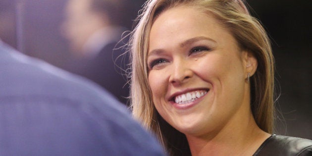 MELBOURNE, AUSTRALIA - SEPTEMBER 16: Ronda Rousey, UFC Women's Bantamweight Champion, reacts during the UFC 193 media event at Etihad Stadium on September 16, 2015 in Melbourne, Australia. (Photo by Michael Dodge/Zuffa LLC/Zuffa LLC via Getty Images)