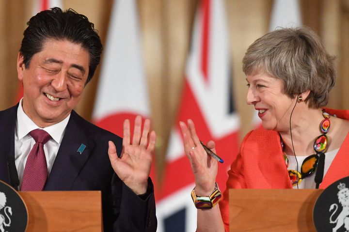 Japanese PM Shinzo Abe with Theresa May at a joint press conference on Thursday 