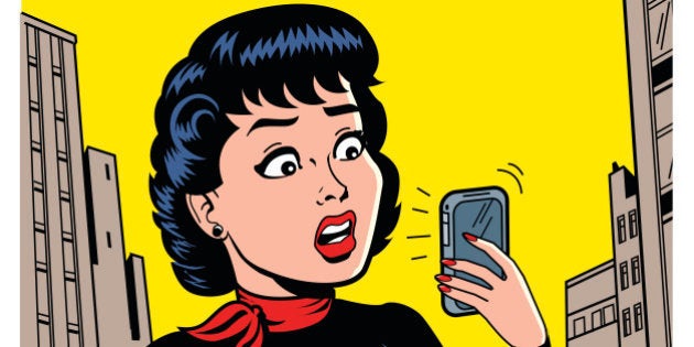 Ironic Satirical Illustration of a Retro Classic Comics Woman With a Modern Smartphone