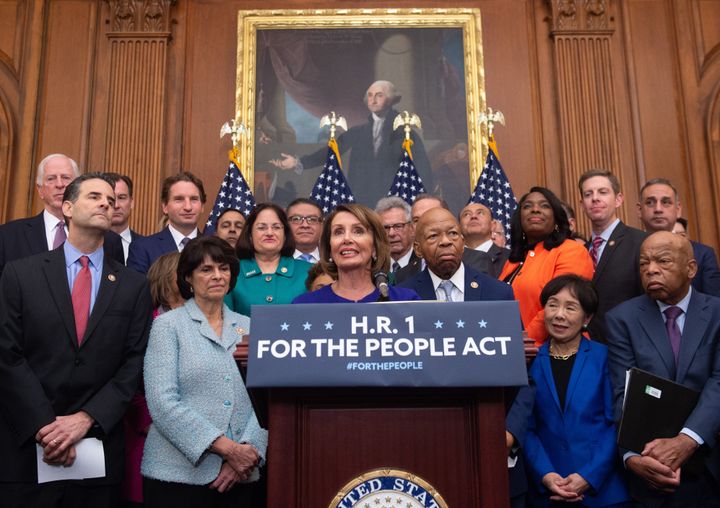 House Speaker Nancy Pelosi (D-Calif.) speaks alongside Democratic lawmakers about H.R. 1, the "For the People Act," at the Capitol in Washington, D.C., on Jan. 4.