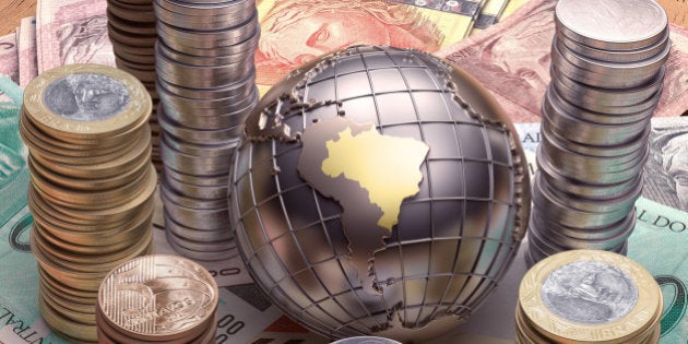 Golden globe with emphasis on Brazil and its economy.