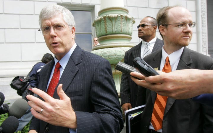 Staver (left) at a news conference discussing a trial on same-sex marriages in San Francisco in 2006. In a recent interview he said his team is talking to House politicians to ensure that the anti-lynching bill is stripped of language protecting LGBT people.