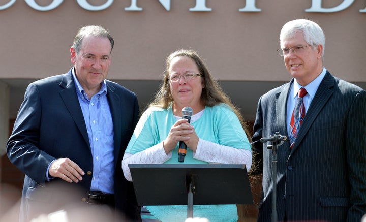 Mike Huckabee (left), Rowan County Clerk Kim Davis and Staver, her lawyer, after her release from jail in 2015 for refusing to issue marriage licenses to same-sex couples in Kentucky. Liberty Counsel has for years advocated against LGBTQ rights.