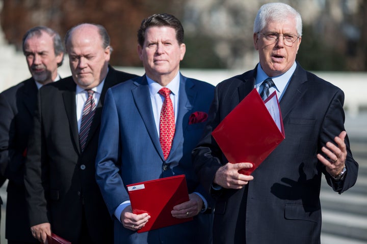 Mat Staver (far right), the founder of Liberty Counsel, at a demonstration outside the Supreme Court on Dec. 12, 2018. After backlash against his opposition to an anti-lynching bill, the group claimed that listing protected categories in the legislation would limit its application.