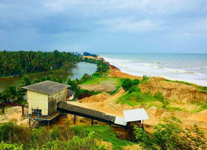 An aerial view of sea erosion in Alappad.