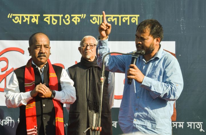 Academic Hiren Gohain, peasant leader Akhil Gogoi and journalist Manjit Mahanta during a protest in Guwahati.