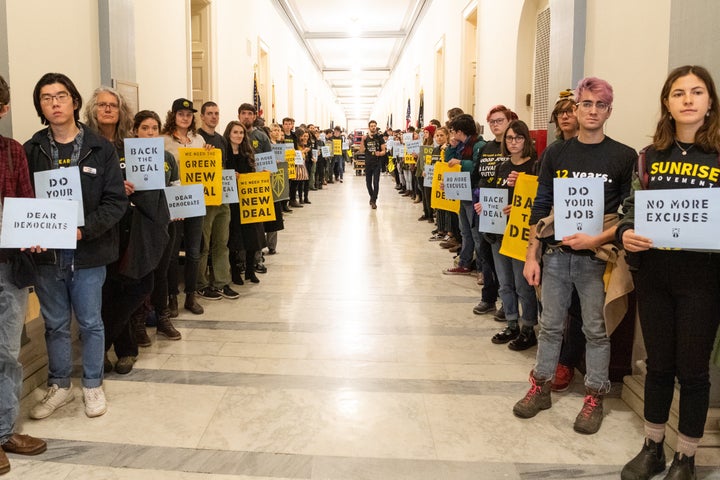 Young climate change activists with the Sunrise Movement demonstrate in the U.S. Capitol in December.