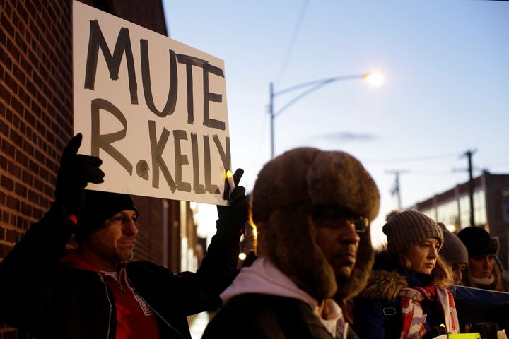 Demonstrators gather near a music studio to show support for survivors of sexual abuse following a television docuseries on R&B singer R. Kelly.