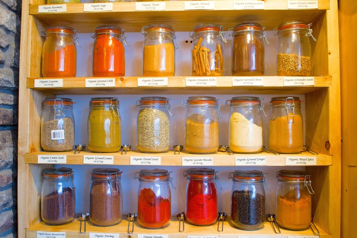 Herbs and spices for sale at Natural Weigh, Chloe and Rob Masefield’s plastic-free grocery store in the U.K.