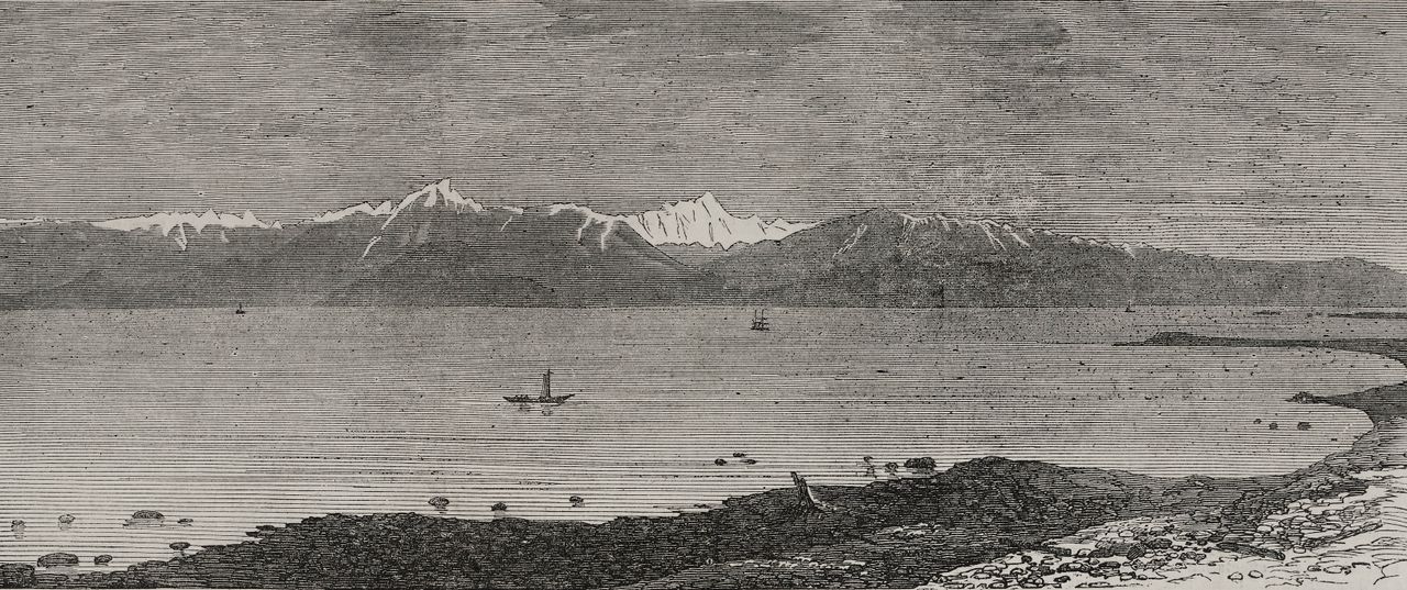 Strait of Juan de Fuca, Mount Olympus in the background, Canada and United States of America, illustration from the magazine The Illustrated London News, volume LX, June 29, 1872.