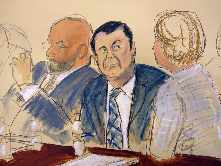 In this courtroom sketch Joaquin "El Chapo" Guzman, centre, sits next to his defence attorney Eduardo Balarezo, left, for opening statements.
