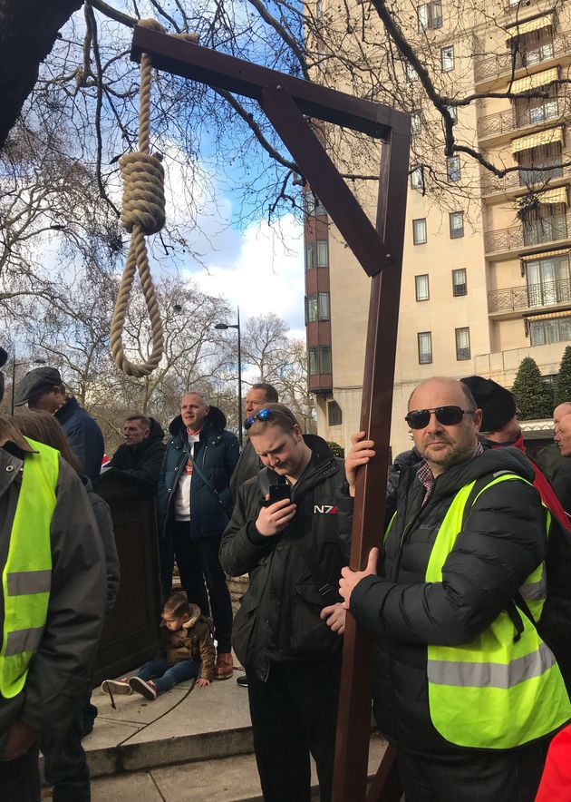 One protestor who took part in a march led by English Defence League (EDL) founder Stephen Yaxley-Lennon, also known as Tommy Robinson, even brought his own gallows to a Parliament Square rally in December.   