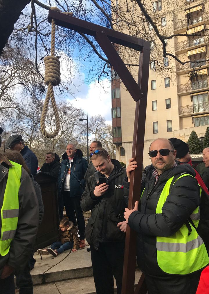 One protestor who took part in a march led by English Defence League (EDL) founder Stephen Yaxley-Lennon, also known as Tommy Robinson, even brought his own gallows to a Parliament Square rally in December. 