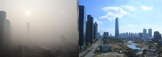 사진 왼쪽은 미세먼지가 가득한 14일 인천 송도 모습, 오른쪽은 미세먼지가 없는 송도의 모습.