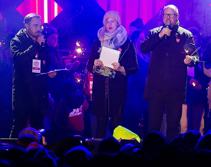 Gdansk Mayor Pawel Adamowicz, right, speaks to an audience shortly before he was stabbed on Jan. 13, 2019. 