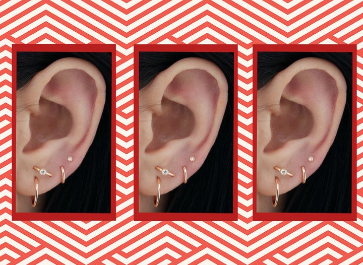 Vertical lobe piercing above the first lobe piercing, with three high lobe piercings ascending along the ear.