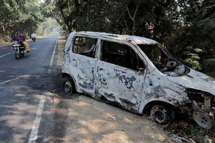 A vehicle that was burnt by a mob during violence in Bulandshahr.