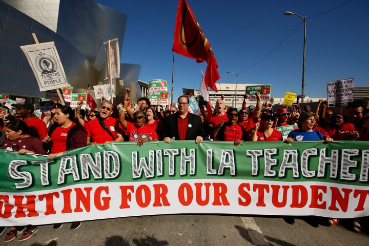 Thousands of teachers rally against the nation's second-largest school district in downtown Los Angeles.