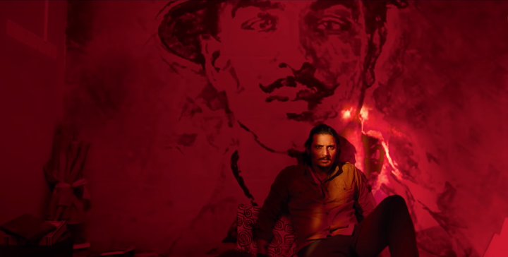 Actor Jiiva against a poster of Bhagat Singh in the teaser of upcoming Tamil film 'Gypsy<i>'.</i>